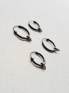 oxidized silver hoops with bronze triangles