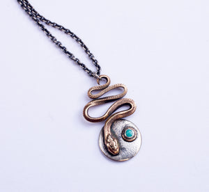 SERPENT snake and moon necklace in recycled sterling silver and bronze with 3mm gemstone