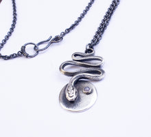 Load image into Gallery viewer, SERPENT snake and moon necklace in recycled sterling silver and bronze with 3mm gemstone