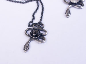 SERPENT snake necklace in recycled sterling silver with rosecut onyx or rainbow moonstone