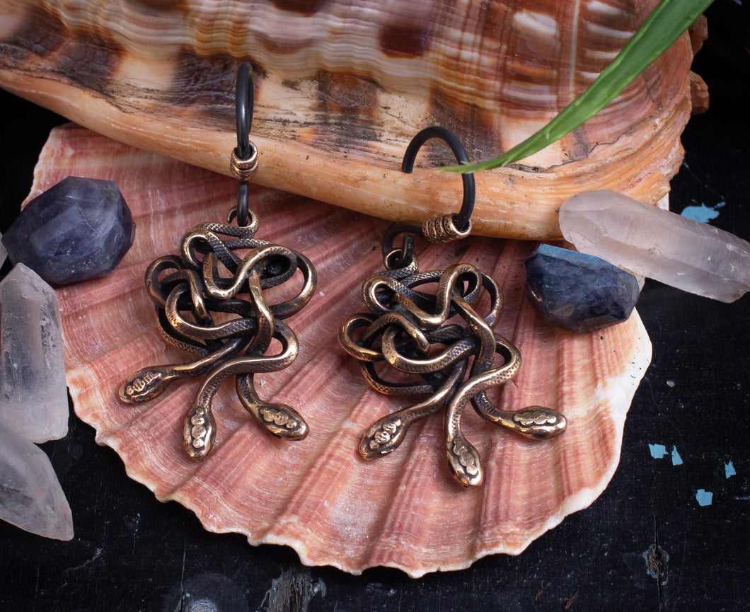 HYDRA three headed snake ear weights in bronze with niobium hooks