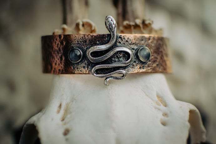 SERPENT copper cuff with silver snake and gray moonstones