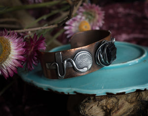 GODESS CUFF BRACELET IN COPPER WITH SILVER AND RAW TOURMALINE