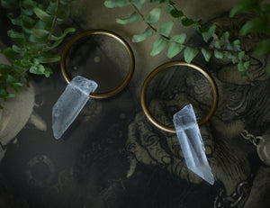 BRASS AND CRYSTAL QUARTZ HOOPS FOR STRETCHED EARS