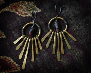 Brass and tourmaline ear weights with fringes, niobium hooks