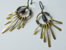 Load image into Gallery viewer, Brass and tourmaline ear weights with fringes, niobium hooks