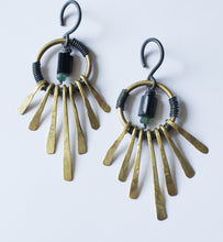 Load image into Gallery viewer, Brass and tourmaline ear weights with fringes, niobium hooks