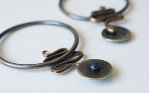 SERPENT earweights silver hoops with bronze snakes and blue sapphire
