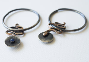 SERPENT earweights silver hoops with bronze snakes and blue sapphire