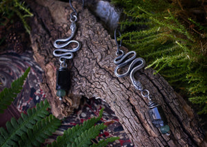 SERPENT earrings with silver snakes and tourmaline beads