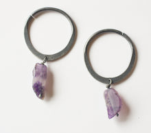 Load image into Gallery viewer, GAUGED SILVER HOOPS WITH RAW AMETHYST