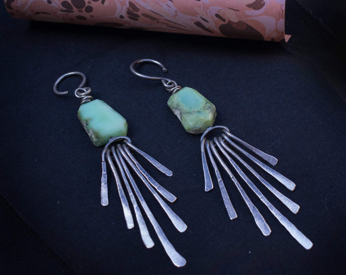 SILVER FRINGE EAR WEIGHTS WITH RAW CHRYSOPRASE
